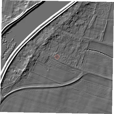Shaded relief map of the ground around DN173NG, computed from Environment Agency LiDAR. The ground here sits at about 4 m above sea level and falls 6 m across the surrounding 800 m. Surface water reaching this point runs off ground lying to the west, 0.6 m higher.