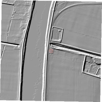 Shaded relief map of the ground around DN173NH, computed from Environment Agency LiDAR. The ground here sits at about 5 m above sea level and falls 7 m across the surrounding 800 m. Surface water reaching this point runs off ground lying to the north-north-west, 2.5 m higher.