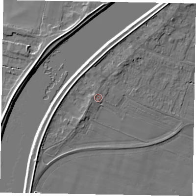 Shaded relief map of the ground around DN173NQ, computed from Environment Agency LiDAR. The ground here sits at about 5 m above sea level and falls 6 m across the surrounding 800 m. Surface water reaching this point runs off ground lying to the west, 1.8 m higher.