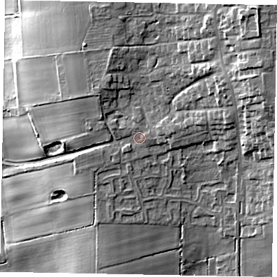 Shaded relief map of the ground around DN173PA, computed from Environment Agency LiDAR. The ground here sits at about 27 m above sea level and falls 29 m across the surrounding 800 m. Surface water reaching this point runs off ground lying to the north-east, 11.9 m higher.