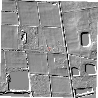 Shaded relief map of the ground around DN173PL, computed from Environment Agency LiDAR. The ground here sits at about 6 m above sea level and falls 8 m across the surrounding 800 m. Surface water reaching this point runs off ground lying to the south-east, 1.0 m higher.
