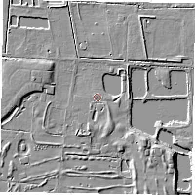 Shaded relief map of the ground around DN173PP, computed from Environment Agency LiDAR. The ground here sits at about 4 m above sea level and falls 9 m across the surrounding 800 m. Surface water reaching this point runs off ground lying to the south-east, 3.9 m higher.