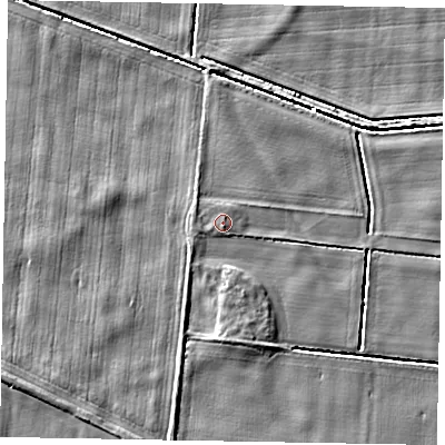 Shaded relief map of the ground around DN173PR, computed from Environment Agency LiDAR. The ground here sits at about 3 m above sea level and falls 5 m across the surrounding 800 m. The ground contributing surface water to this point lies to the south.