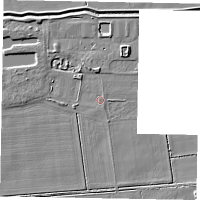 Shaded relief map of the ground around DN173PS, computed from Environment Agency LiDAR. The ground here sits at about 4 m above sea level and falls 7 m across the surrounding 800 m. Surface water reaching this point runs off ground lying to the north-east, 1.0 m higher.