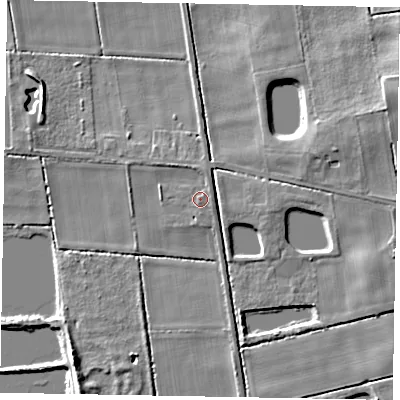 Shaded relief map of the ground around DN173PX, computed from Environment Agency LiDAR. The ground here sits at about 7 m above sea level and falls 11 m across the surrounding 800 m. Surface water reaching this point runs off ground lying to the north-east, 1.1 m higher.
