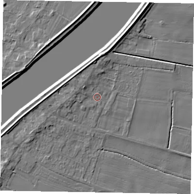Shaded relief map of the ground around DN173UT, computed from Environment Agency LiDAR. The ground here sits at about 4 m above sea level and falls 7 m across the surrounding 800 m. Surface water reaching this point runs off ground lying to the north-west, 2.5 m higher.