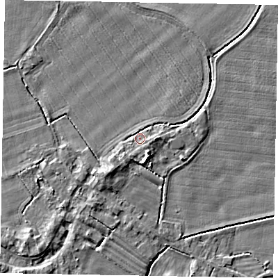 Shaded relief map of the ground around DN174AA, computed from Environment Agency LiDAR. The ground here sits at about 4 m above sea level and falls 6 m across the surrounding 800 m. Surface water reaching this point runs off ground lying to the south-west, 2.4 m higher.