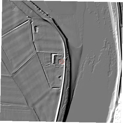 Shaded relief map of the ground around DN174AB, computed from Environment Agency LiDAR. The ground here sits at about 4 m above sea level and falls 21 m across the surrounding 800 m. Surface water reaching this point runs off ground lying to the north-east, 2.5 m higher.