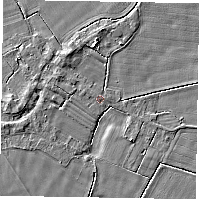 Shaded relief map of the ground around DN174AD, computed from Environment Agency LiDAR. The ground here sits at about 4 m above sea level and falls 6 m across the surrounding 800 m. Surface water reaching this point runs off ground lying to the north-west, 0.9 m higher.