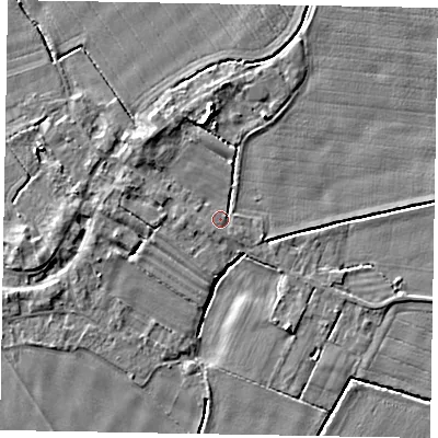 Shaded relief map of the ground around DN174AE, computed from Environment Agency LiDAR. The ground here sits at about 3 m above sea level and falls 6 m across the surrounding 800 m. Surface water reaching this point runs off ground lying to the north, 4.6 m higher.