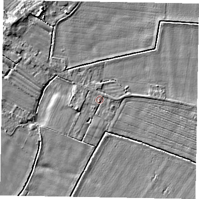 Shaded relief map of the ground around DN174AF, computed from Environment Agency LiDAR. The ground here sits at about 3 m above sea level and falls 6 m across the surrounding 800 m. Surface water reaching this point runs off ground lying to the west, 0.7 m higher.