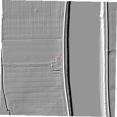 Shaded relief map of the ground around DN174AH, computed from Environment Agency LiDAR. The ground here sits at about 4 m above sea level and falls 7 m across the surrounding 800 m. Surface water reaching this point runs off ground lying to the east-south-east, 2.9 m higher.