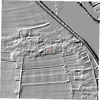 Shaded relief map of the ground around DN174AL, computed from Environment Agency LiDAR. The ground here sits at about 4 m above sea level and falls 9 m across the surrounding 800 m. The ground contributing surface water to this point lies to the east-north-east.
