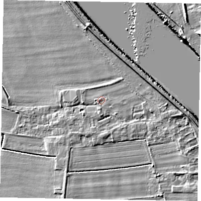 Shaded relief map of the ground around DN174AN, computed from Environment Agency LiDAR. The ground here sits at about 4 m above sea level and falls 9 m across the surrounding 800 m. Surface water reaching this point runs off ground lying to the east, 2.3 m higher.