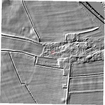 Shaded relief map of the ground around DN174AP, computed from Environment Agency LiDAR. The ground here sits at about 2 m above sea level and falls 7 m across the surrounding 800 m. Surface water reaching this point runs off ground lying to the east, 2.5 m higher.