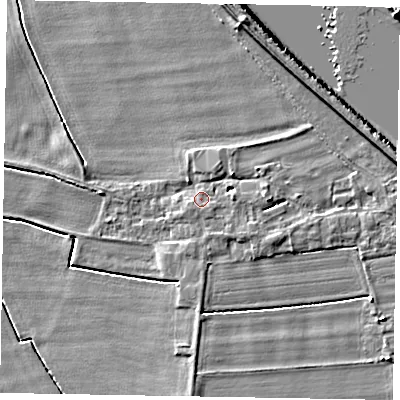 Shaded relief map of the ground around DN174AS, computed from Environment Agency LiDAR. The ground here sits at about 4 m above sea level and falls 7 m across the surrounding 800 m. Surface water reaching this point runs off ground lying to the east, 2.7 m higher.