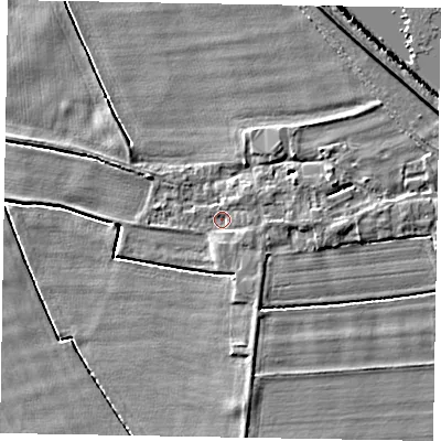 Shaded relief map of the ground around DN174AT, computed from Environment Agency LiDAR. The ground here sits at about 2 m above sea level and falls 7 m across the surrounding 800 m. Surface water reaching this point runs off ground lying to the east, 1.7 m higher.