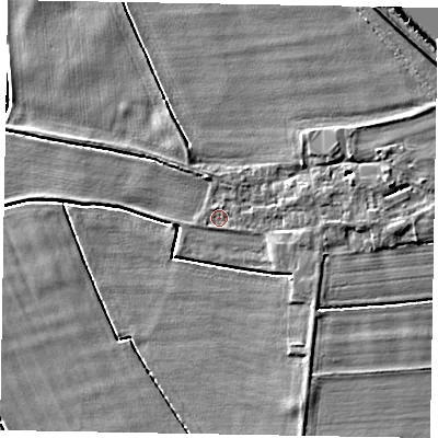 Shaded relief map of the ground around DN174AU, computed from Environment Agency LiDAR. The ground here sits at about 2 m above sea level and falls 7 m across the surrounding 800 m. Surface water reaching this point runs off ground lying to the east-north-east, 2.5 m higher.