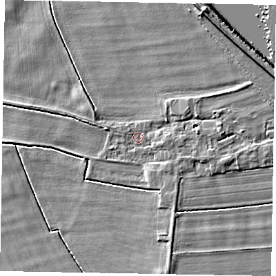Shaded relief map of the ground around DN174AW, computed from Environment Agency LiDAR. The ground here sits at about 3 m above sea level and falls 7 m across the surrounding 800 m. Surface water reaching this point runs off ground lying to the east-north-east, 2.6 m higher.