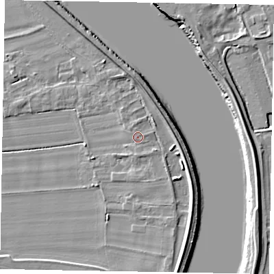 Shaded relief map of the ground around DN174AX, computed from Environment Agency LiDAR. The ground here sits at about 5 m above sea level and falls 7 m across the surrounding 800 m. Surface water reaching this point runs off ground lying to the north, 0.9 m higher.