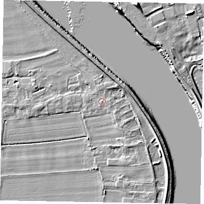 Shaded relief map of the ground around DN174AY, computed from Environment Agency LiDAR. The ground here sits at about 4 m above sea level and falls 10 m across the surrounding 800 m. Surface water reaching this point runs off ground lying to the north, 1.2 m higher.