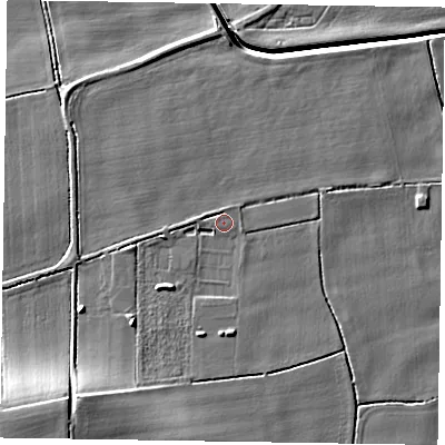 Shaded relief map of the ground around DN174BF, computed from Environment Agency LiDAR. The ground here sits at about 4 m above sea level and falls 15 m across the surrounding 800 m. Surface water reaching this point runs off ground lying to the south-west, 8.4 m higher.