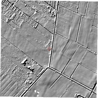 Shaded relief map of the ground around DN174BL, computed from Environment Agency LiDAR. The ground here sits at about 1 m above sea level and falls 6 m across the surrounding 800 m. Surface water reaching this point runs off ground lying to the south-south-east, 2.1 m higher.