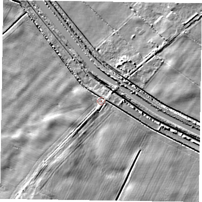 Shaded relief map of the ground around DN174BN, computed from Environment Agency LiDAR. The ground here sits at about 2 m above sea level and falls 6 m across the surrounding 800 m. Surface water reaching this point runs off ground lying to the east, 1.1 m higher.