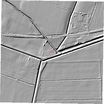 Shaded relief map of the ground around DN174BP, computed from Environment Agency LiDAR. The ground here sits at about 2 m above sea level and falls 5 m across the surrounding 800 m. Surface water reaching this point runs off ground lying to the south-south-east, 1.1 m higher.