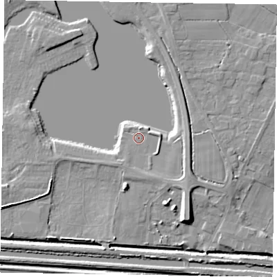 Shaded relief map of the ground around DN174BQ, computed from Environment Agency LiDAR. The ground here sits at about 4 m above sea level and falls 9 m across the surrounding 800 m. Surface water reaching this point runs off ground lying to the north, 1.6 m higher.