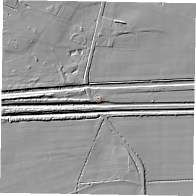 Shaded relief map of the ground around DN174BX, computed from Environment Agency LiDAR. The ground here sits at about 4 m above sea level and falls 8 m across the surrounding 800 m. Surface water reaching this point runs off ground lying to the west, 5.4 m higher.