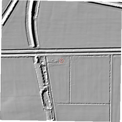 Shaded relief map of the ground around DN174DA, computed from Environment Agency LiDAR. The ground here sits at about 2 m above sea level and falls 10 m across the surrounding 800 m. Surface water reaching this point runs off ground lying to the north, 0.7 m higher.