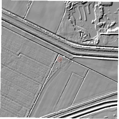 Shaded relief map of the ground around DN174DB, computed from Environment Agency LiDAR. The ground here sits at about 2 m above sea level and falls 8 m across the surrounding 800 m. Surface water reaching this point runs off ground lying to the north-east, 1.0 m higher.
