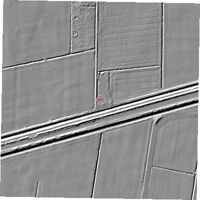 Shaded relief map of the ground around DN174DF, computed from Environment Agency LiDAR. The ground here sits at about 1 m above sea level and falls 5 m across the surrounding 800 m. Surface water reaching this point runs off ground lying to the west-south-west, 1.5 m higher.