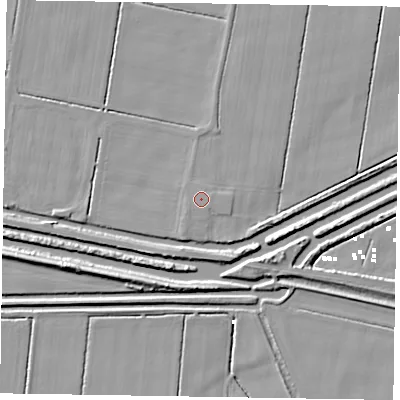 Shaded relief map of the ground around DN174DH, computed from Environment Agency LiDAR. The ground here sits at about 2 m above sea level and falls 7 m across the surrounding 800 m. The ground contributing surface water to this point lies to the south-east.
