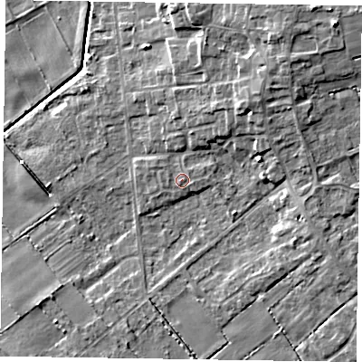 Shaded relief map of the ground around DN174DL, computed from Environment Agency LiDAR. The ground here sits at about 3 m above sea level and falls 9 m across the surrounding 800 m. Surface water reaching this point runs off ground lying to the north-north-east, 2.2 m higher.