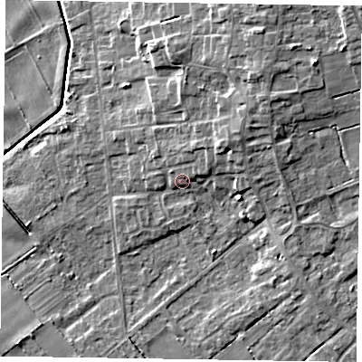 Shaded relief map of the ground around DN174DT, computed from Environment Agency LiDAR. The ground here sits at about 4 m above sea level and falls 9 m across the surrounding 800 m. Surface water reaching this point runs off ground lying to the north-north-east, 1.8 m higher.