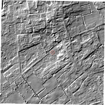 Shaded relief map of the ground around DN174DU, computed from Environment Agency LiDAR. The ground here sits at about 2 m above sea level and falls 9 m across the surrounding 800 m. Surface water reaching this point runs off ground lying to the north, 5.6 m higher.
