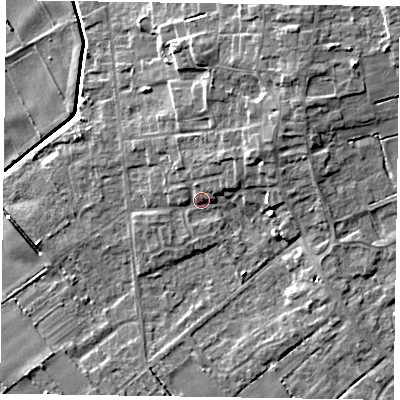 Shaded relief map of the ground around DN174DW, computed from Environment Agency LiDAR. The ground here sits at about 4 m above sea level and falls 9 m across the surrounding 800 m. Surface water reaching this point runs off ground lying to the north-north-west, 1.8 m higher.