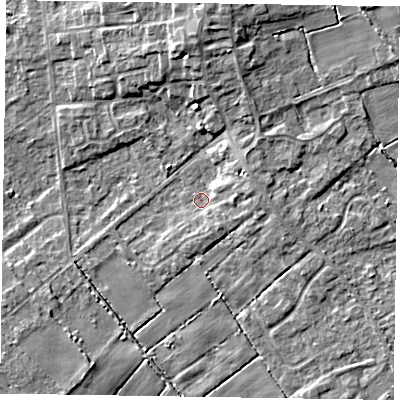 Shaded relief map of the ground around DN174DX, computed from Environment Agency LiDAR. The ground here sits at about 2 m above sea level and falls 7 m across the surrounding 800 m. Surface water reaching this point runs off ground lying to the east-north-east, 2.9 m higher.