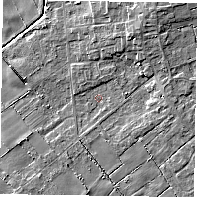Shaded relief map of the ground around DN174DZ, computed from Environment Agency LiDAR. The ground here sits at about 2 m above sea level and falls 8 m across the surrounding 800 m. Surface water reaching this point runs off ground lying to the north-north-east, 6.5 m higher.