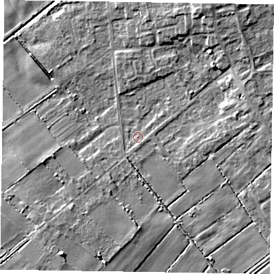 Shaded relief map of the ground around DN174EA, computed from Environment Agency LiDAR. The ground here sits at about 2 m above sea level and falls 7 m across the surrounding 800 m. Surface water reaching this point runs off ground lying to the north-north-east, 6.0 m higher.
