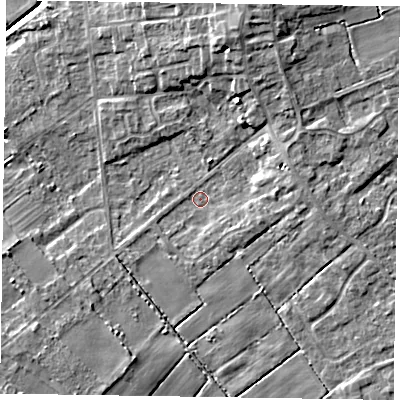 Shaded relief map of the ground around DN174EB, computed from Environment Agency LiDAR. The ground here sits at about 2 m above sea level and falls 8 m across the surrounding 800 m. Surface water reaching this point runs off ground lying to the east-south-east, 2.2 m higher.