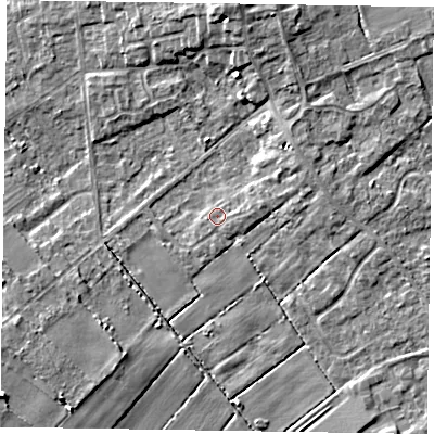 Shaded relief map of the ground around DN174ED, computed from Environment Agency LiDAR. The ground here sits at about 2 m above sea level and falls 6 m across the surrounding 800 m. Surface water reaching this point runs off ground lying to the east-north-east, 1.7 m higher.