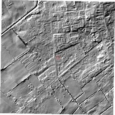 Shaded relief map of the ground around DN174EF, computed from Environment Agency LiDAR. The ground here sits at about 1 m above sea level and falls 8 m across the surrounding 800 m. Surface water reaching this point runs off ground lying to the north-east, 6.5 m higher.