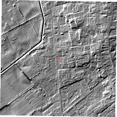 Shaded relief map of the ground around DN174EL, computed from Environment Agency LiDAR. The ground here sits at about 3 m above sea level and falls 9 m across the surrounding 800 m. Surface water reaching this point runs off ground lying to the east-north-east, 4.7 m higher.