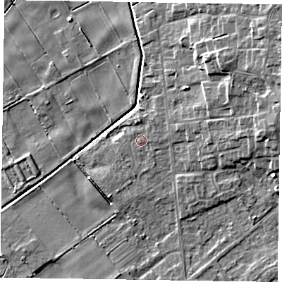 Shaded relief map of the ground around DN174EN, computed from Environment Agency LiDAR. The ground here sits at about 2 m above sea level and falls 8 m across the surrounding 800 m. Surface water reaching this point runs off ground lying to the east-north-east, 0.9 m higher.