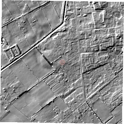 Shaded relief map of the ground around DN174EQ, computed from Environment Agency LiDAR. The ground here sits at about 2 m above sea level and falls 8 m across the surrounding 800 m. Surface water reaching this point runs off ground lying to the east-north-east, 5.2 m higher.