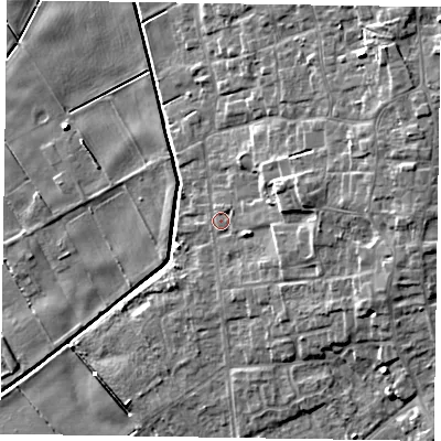 Shaded relief map of the ground around DN174ES, computed from Environment Agency LiDAR. The ground here sits at about 3 m above sea level and falls 10 m across the surrounding 800 m. Surface water reaching this point runs off ground lying to the east-north-east, 4.9 m higher.