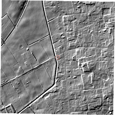 Shaded relief map of the ground around DN174EU, computed from Environment Agency LiDAR. The ground here sits at about 2 m above sea level and falls 10 m across the surrounding 800 m. Surface water reaching this point runs off ground lying to the east, 8.3 m higher.